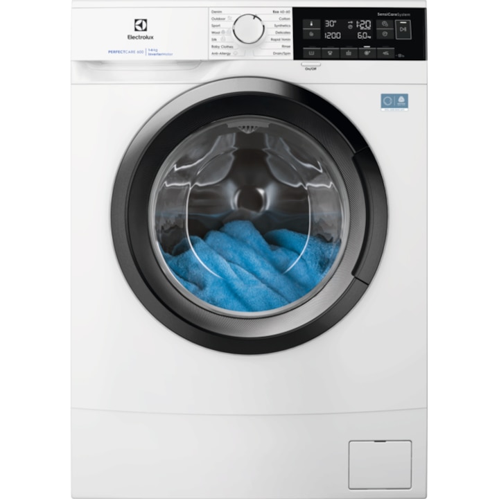 Пералня slim ELECTROLUX EWS6326DE PerfectCare600, 6 кг, 1200 об/мин, Клас A, Инверторен мотор, LED дисплей, Sensicare, Бърза 14 мин, Против алергии, Бебе, Външни дрехи, TimeManager, SoftPlus, Обща дълбочина 41.1 см, Бял